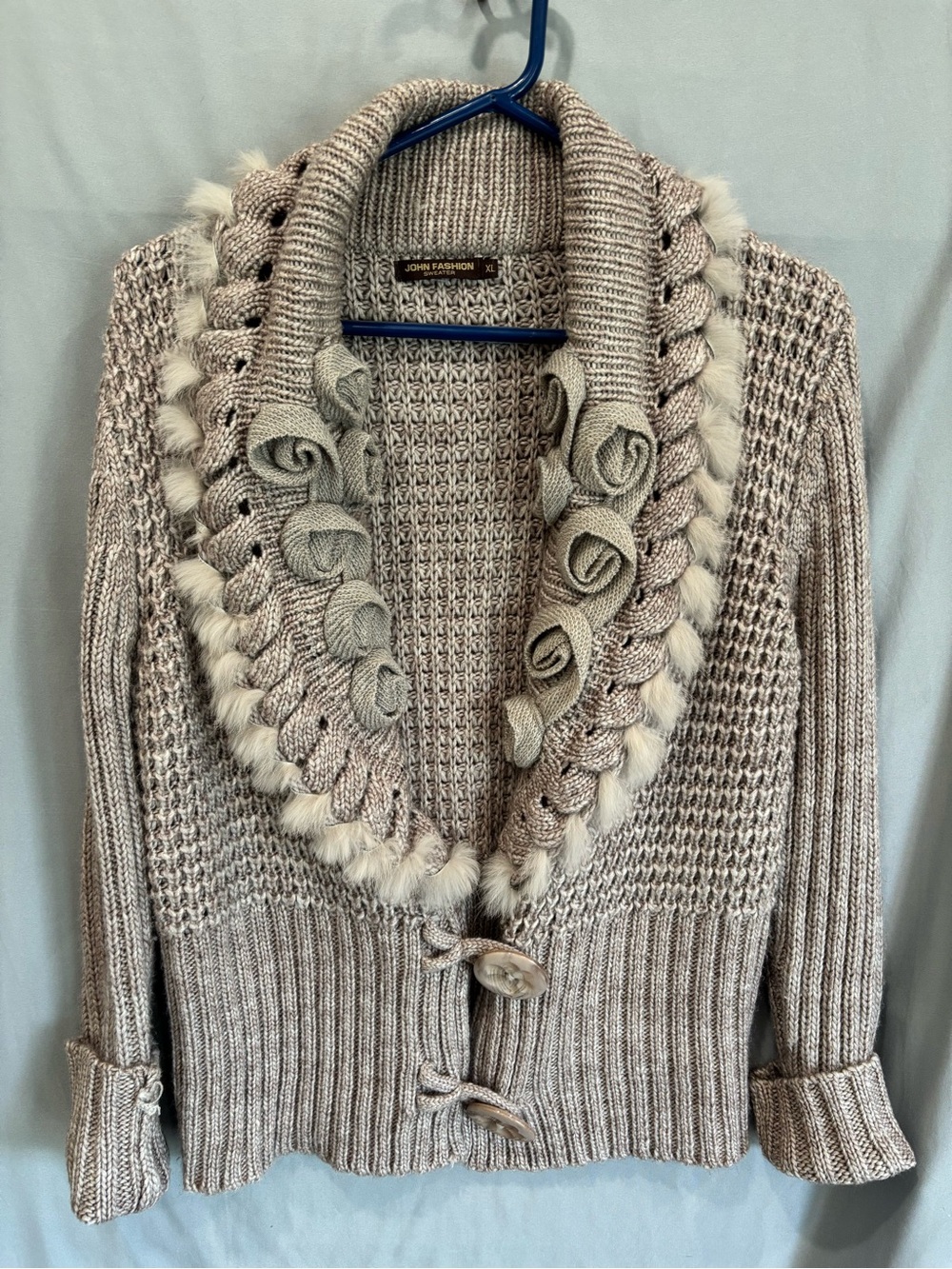 Textured Shawl Collar Cardigan with Rose Appliqués in Light Beige